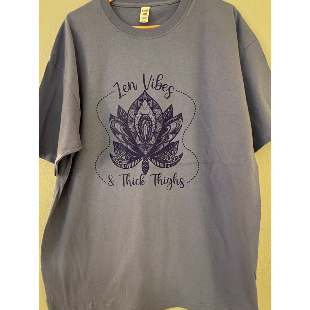 Zen Vibes and Thick Thighs Heather Blue T-Shirt New Sz XL